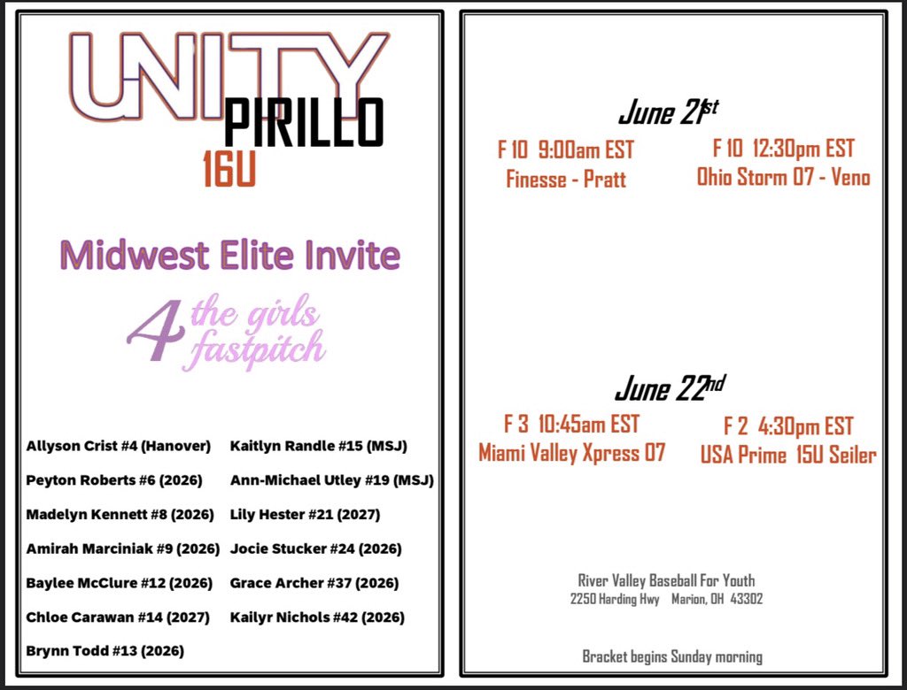 08RobertsPeyton's tweet photo. Schedule for the weekend!! Come check us out in Marion Ohio!! @UnityPirillo @Castle_Softball @CoachPena_BSU @CoachJade15 @CoachMalveaux @CoachJexx_RMU @CoachBurns17 https://t.co/xQRocUp1sL