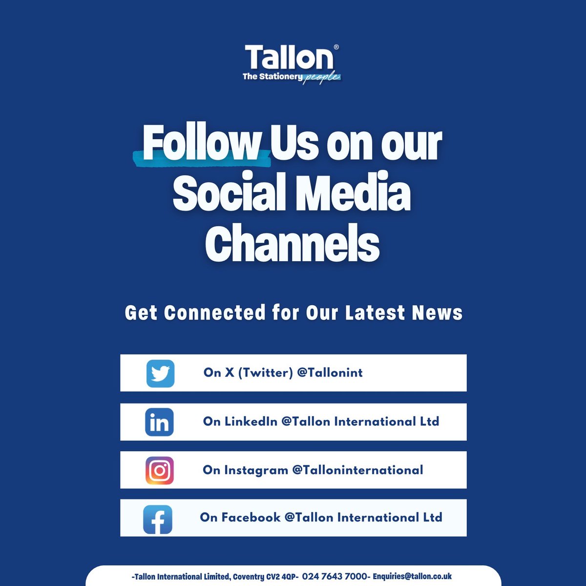 tallonint's tweet photo. Keep In The Loop and stay updated by following us on Twitter, Facebook and Linkedin.

Follow our other Channels 👇🏼

Linkedin - https://t.co/6Bsri7jm5S

Facebook - https://t.co/TA3G4oya6H

Twitter - https://t.co/fQ84euyj5T https://t.co/vqQWpQKG4F