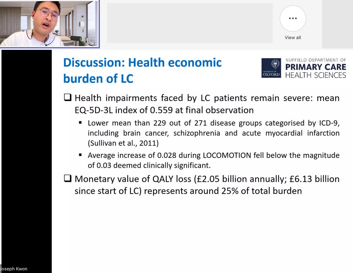 Long Covid Support ๐ (@long_covid) on Twitter photo ๐จJoseph Kwon at <a href="/LOCOMOTIONstudy/">LOCOMOTIONstudy</a>โs webinar:
โผ๏ธEQ5D of p/w #LongCovid worse than 229/271 disease groups incl. brain cancer, schizophrenia, acute myocardial infarction
โผ๏ธValue of QALY loss - ยฃ2.05bn annually; ยฃ6.13 bn
since start of LC - represents approx 25% total burden ๐จJoseph Kwon at <a href="/LOCOMOTIONstudy/">LOCOMOTIONstudy</a>โs webinar:
โผ๏ธEQ5D of p/w #LongCovid worse than 229/271 disease groups incl. brain cancer, schizophrenia, acute myocardial infarction
โผ๏ธValue of QALY loss - ยฃ2.05bn annually; ยฃ6.13 bn
since start of LC - represents approx 25% total burden