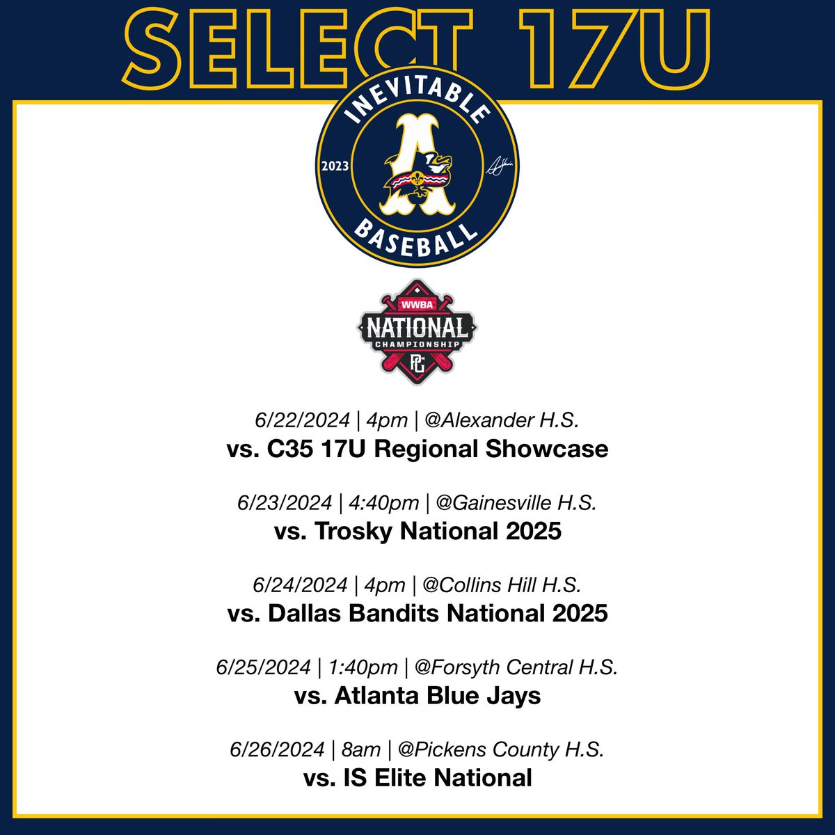 Come check out the guys in ATL this week. Looking to stay hot at WWBA. 
#uncommited 
<a href="/NickHerrinsAs/">Inevitable A’s</a> 
<a href="/BlackCoachK/">Kenny Hawkins</a>