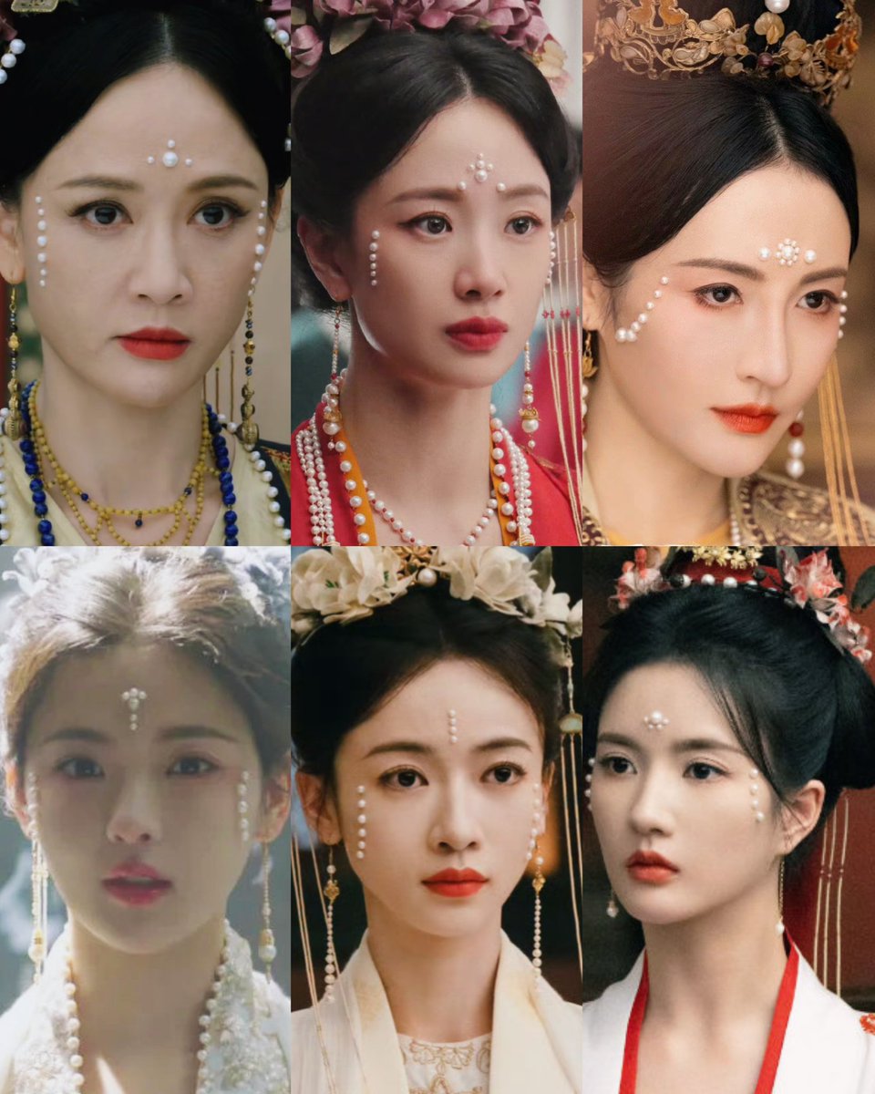 ji shuran (#JoeChen), princess wanning (#LiMeng), li fei (#SunJingjing), jiang li (#YangChaoyue), a’li (#WuJinyan) & jiang ruoyao (#LiuXiening) wearing song dynasty-inspired pearl makeup in chinese ancient costume drama #TheDouble (2024)
