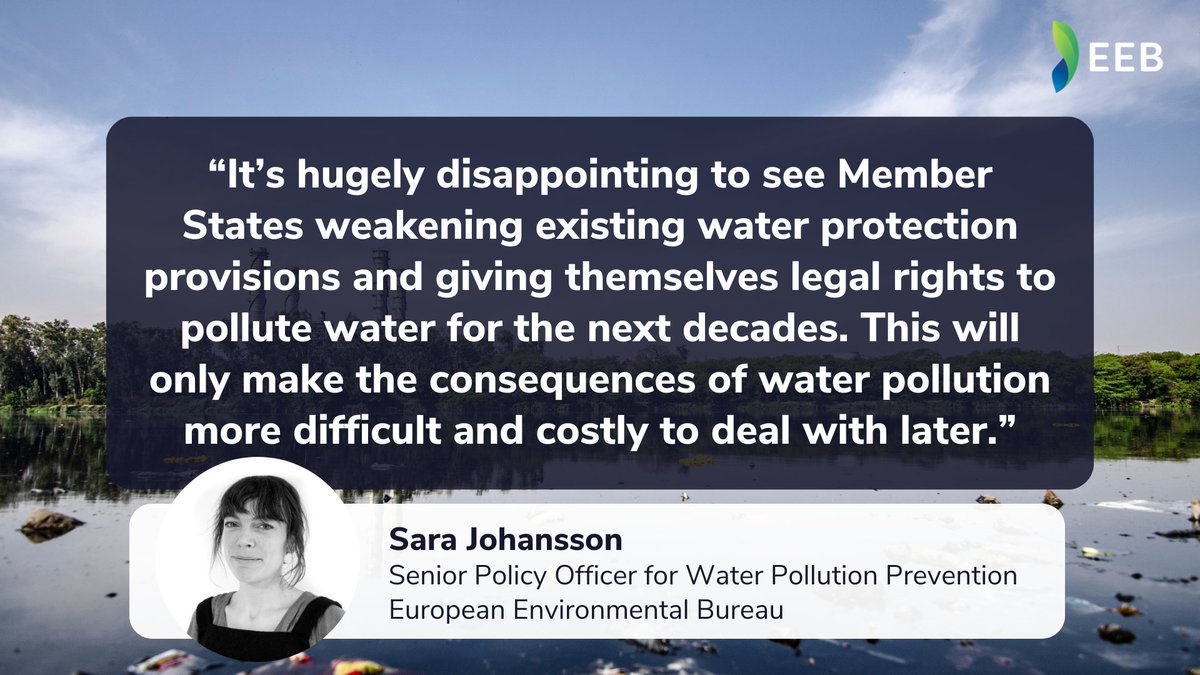 BREAKING NEWS! 🚨

Today, EU Member States have allowed themselves to continue polluting water for the next decades 🤯

78% of Europeans want the EU to do more - not less - to tackle #WaterPollution! 💧✊

Our joint Press Release👉eeb.org/eu-member-stat…

<a href="/WWFEU/">WWF EU</a> <a href="/EuropePAN/">PAN Europe</a>