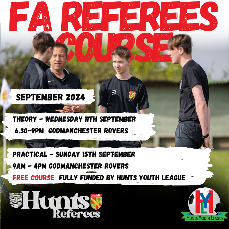 Want to become a referee for free? 
This is your chance to earn yourself some money💰
FREE Referees course for ages 14+
Email - 
Referees@huntsfa.com to bag yourself a space📩
<a href="/Hunts_YL/">Hunts Youth League</a>