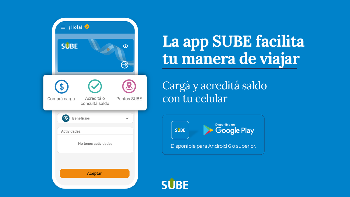 TarjetaSUBEok's tweet photo. ¿Ya tenés la #appSUBE en tu celular?
📲 Cargá saldo
✅ Acreditalo
💳 Registrá tu tarjeta
🚍 Mirá tus últimos movimientos ¡y más!
Descargala y simplificá tus viajes 👉 https://t.co/k8gxr1hoAV
Disponible para Android 6 o superior.
Algunas funciones requieren tecnología NFC. https://t.co/xI6K6Pwg6j
