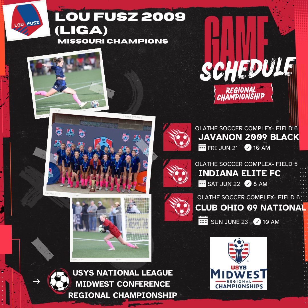 LFA2009Liga's tweet photo. Road to Regionals!  Here is our schedule starting on Friday. @USYouthSoccer @LouFuszSoccer #midwestconference #regionals #warriors #jyd https://t.co/SaFX7J4ogY
