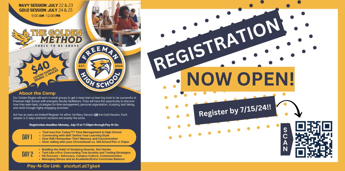 GoldenFHSEagles's tweet photo. Sign up for The Golden Method!  During these two days of learning, students will work in small groups and have the opportunity to discover how they learn best, strategies for time management, personal organization, studying, and test taking.  Seats are limited.  Register today. https://t.co/zIud1wKh1s