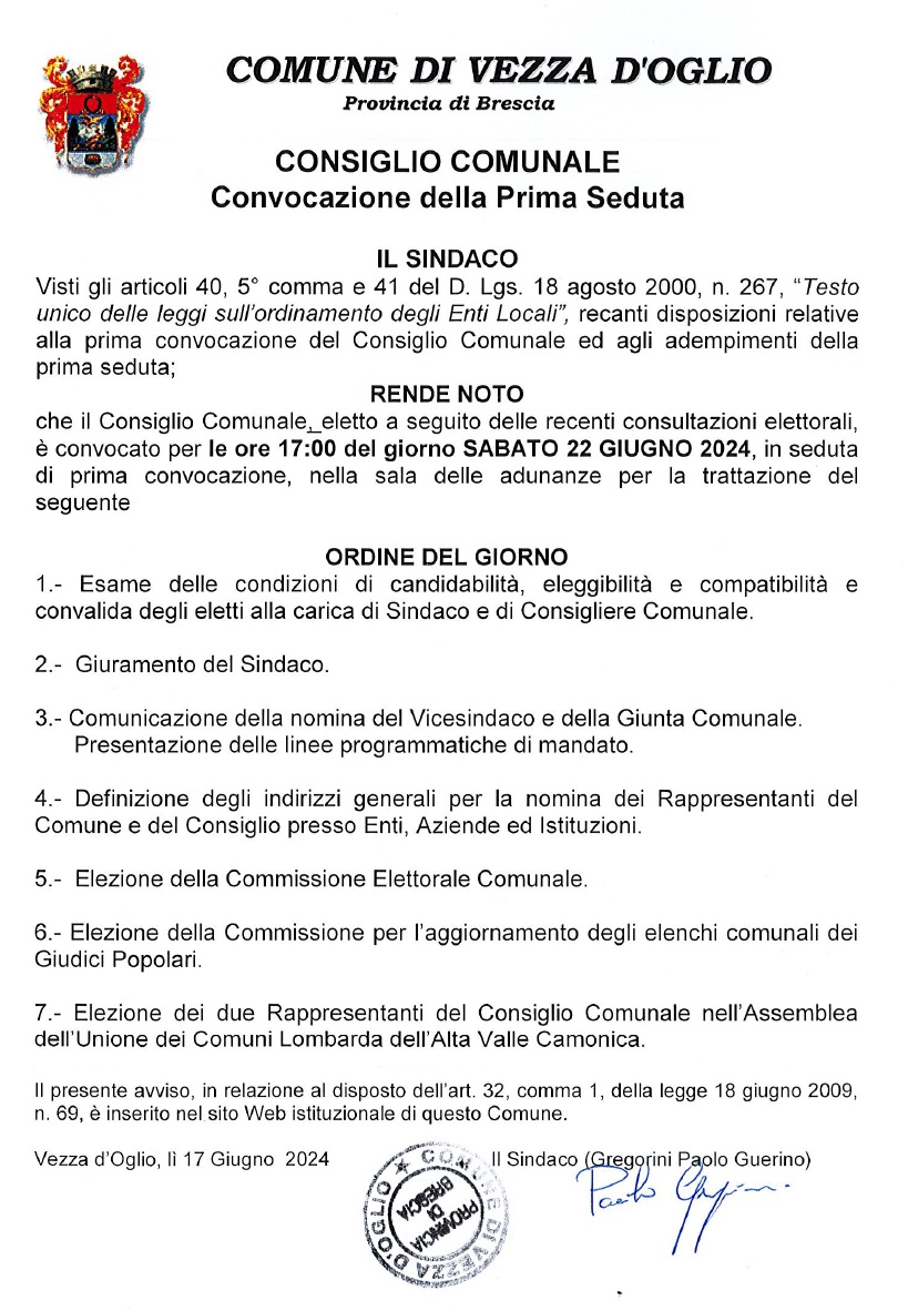 ComunediVezza's tweet photo. Il Sindaco Paolo Guerino Gregorini ha convocato il Consiglio comunale il giorno sabato 22 giugno 2024, alle ore 17.00, presso la sala Consiliare nel Municipio, con il seguente ordine del giorno: https://t.co/Z4Z8q1UWow