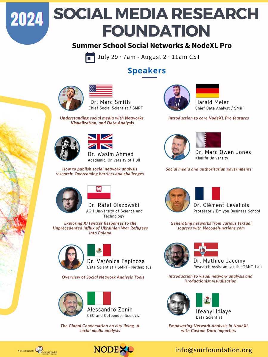 NodeXLAcademy's tweet image. Hello #socialmedia researchers!

Don&apos;t miss our Summer School on capturing and analysing social media data featuring  expert speakers

@marcowenjones @marc_smith @DigitalSpaceLab @rafalolz @seinecle @Verukita1 @jacomyma @AlessandroZonin @Ifeanyidiaye 

#phdchat #academicchatter