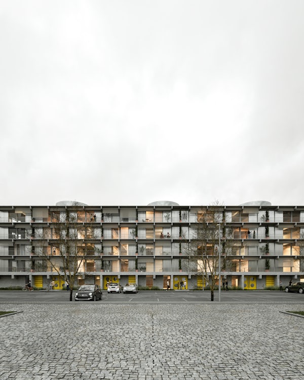 MASSLAB_PT's tweet image. MASSLAB's Plot V addresses the housing crisis by promoting social cohesion with a multifamily building for accessible rental housing. It aims to provide affordable options for families struggling to find homes. The project focuses on cost-efficient and eco-friendly design.