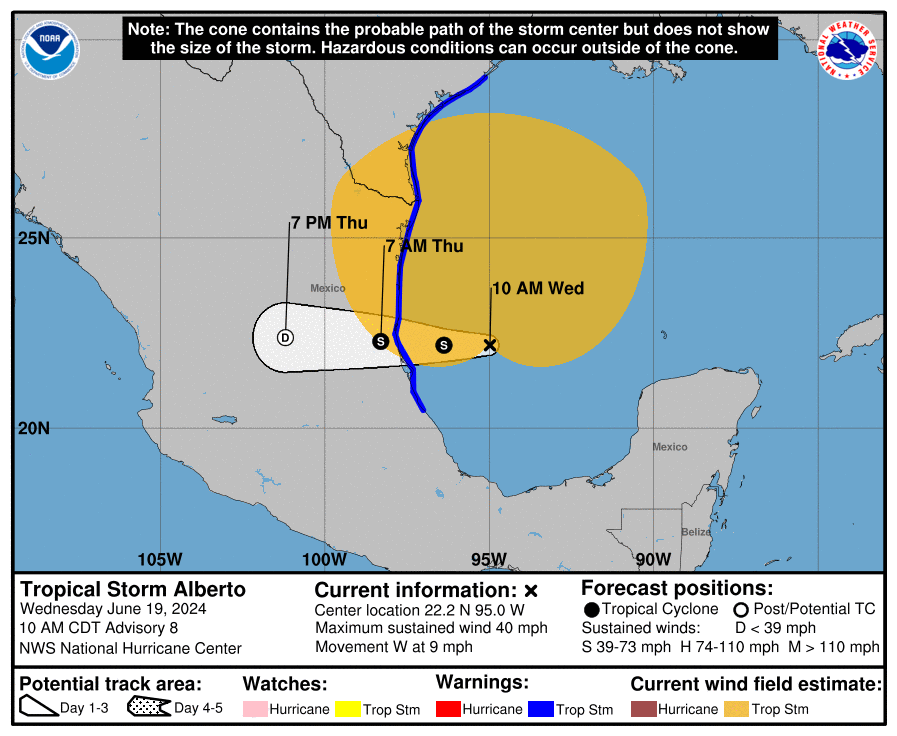 SkyAlertStorm's tweet photo. #ÚltimaHora | finalmente se ha formado la tormenta #Alberto, el primer ciclón nombrado de la temporada.

🔹Vientos de 65 km/h.
🔹Se ubica a 300 km al oriente de Tampico, Tamaulipas.

⚠️Se extiende zona de alerta, por efectos de tormenta tropical, desde la desembocadura del Río Bravo, Tamaulipas, hasta Tecolutla, Veracruz⚠️