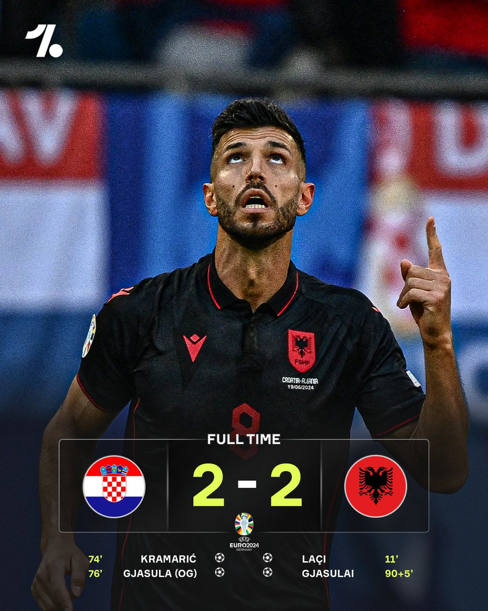 OneFootball's tweet photo. Klaus Gjasula redeems himself with a last minute strike to hand Albania a point against Croatia 🤯 https://t.co/eW3Kw5NBlt