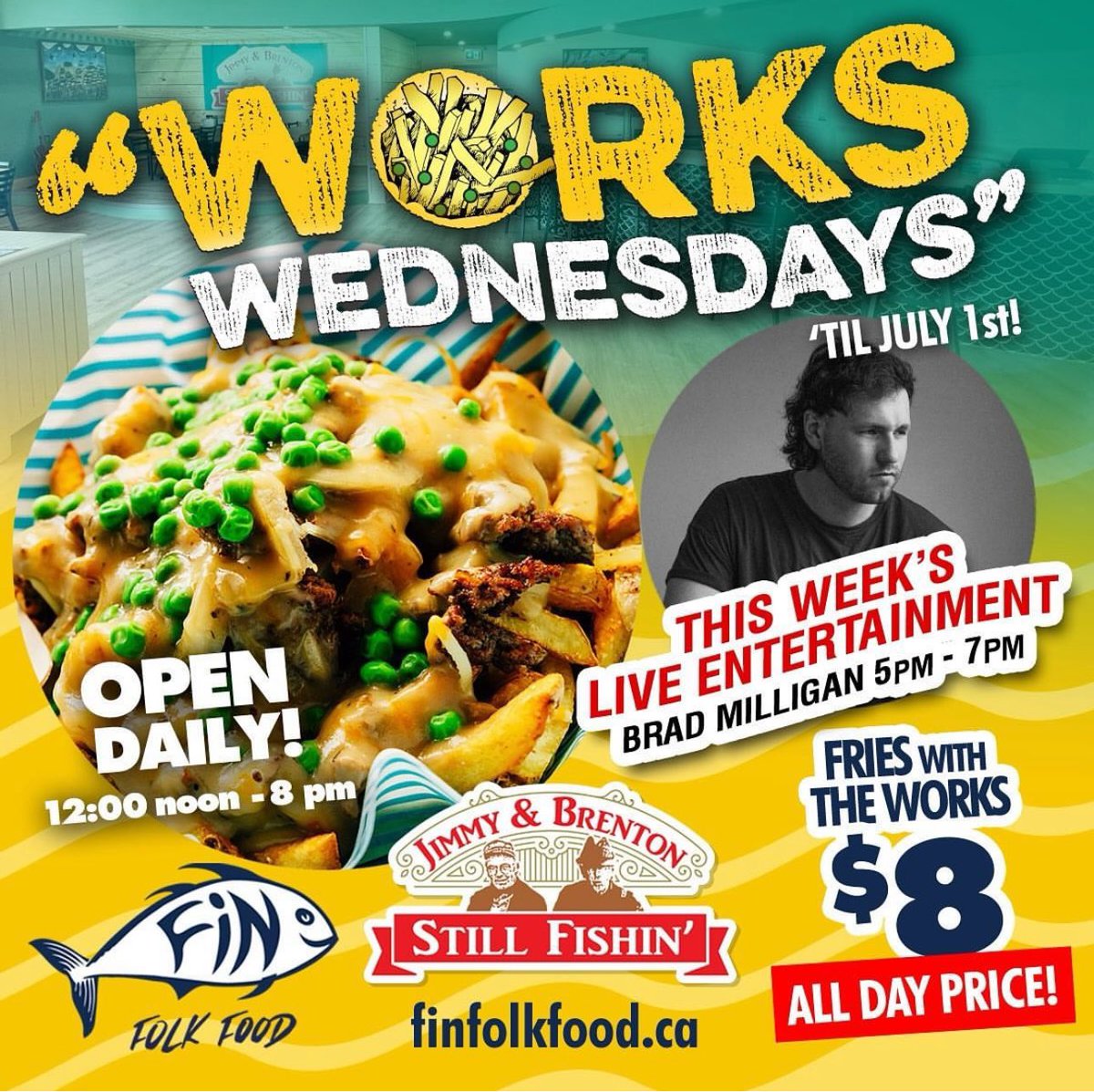 Tim_Banks's tweet photo. We're on the cusp of the (official) start to the summer season, and we're celebrating tonight with our Works Wednesday at FiN! $8 Fries With the Works ALL DAY plus Brad Milligan on the Jimmy and Breton Still Fishin' stage from 5:00-7:00PM! https://t.co/N82CVB3ANW