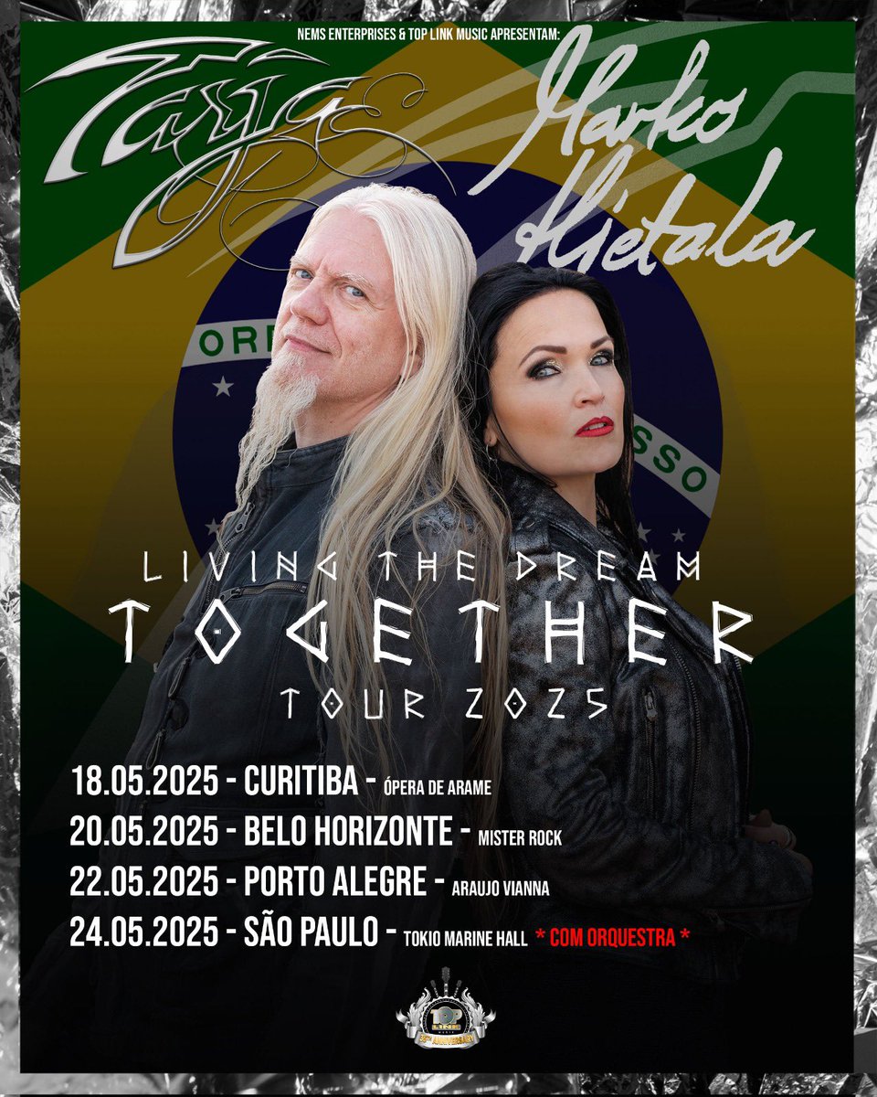 tarjaofficial's tweet photo. Brazil, we are happy to announce more concerts with Marko Hietala as part the Living The Dream Together Tour!

18.05.25 - CURITIBA - Opera De Arame
20.05.25 - BELO HORIZONTE - Mister Rock
22.05.25 - PORTO ALEGRE - Araujo Vianna
24.05.25 - SÃO PAULO - Tokyo Marine Hall https://t.co/adF17iUKxZ