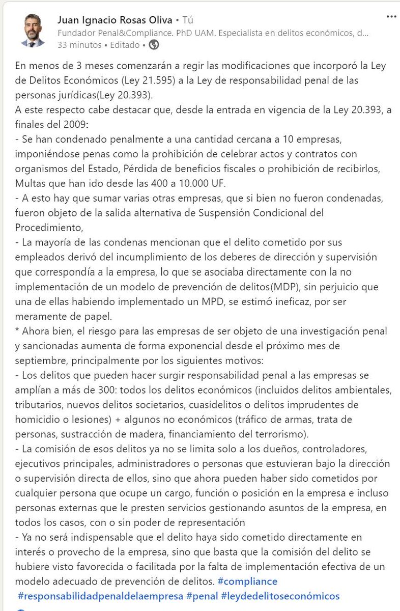 Sobre la responsabilidad penal de las empresas en Chile, a propósito de la entrada en vigencias de las modificaciones que incorporó la Ley de delitos económicos