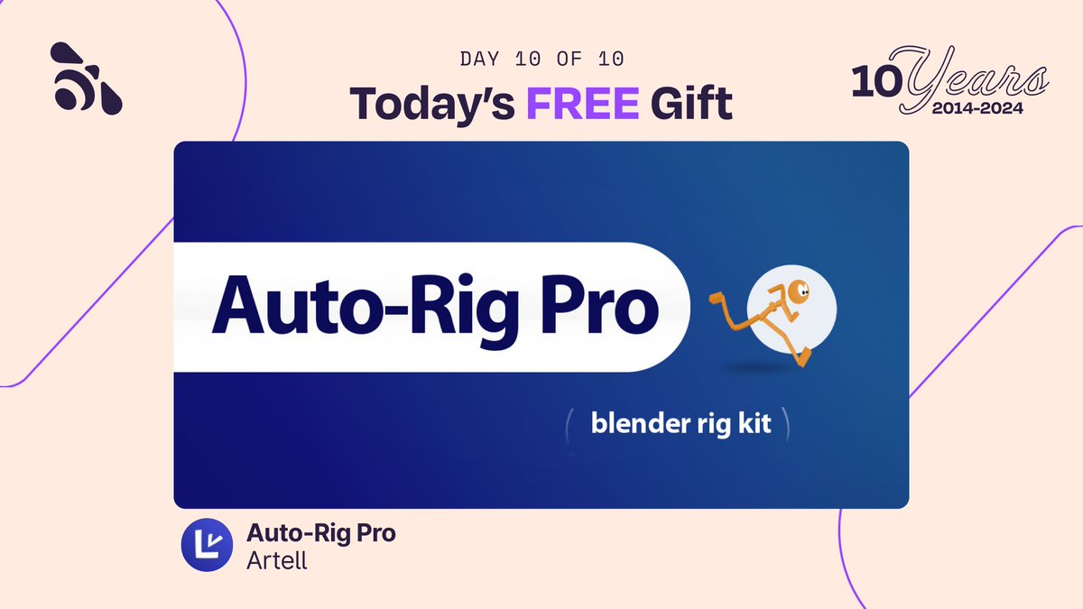 Day 10 of 10: Our final gift is a free copy of Auto-Rig Pro brought to you by <a href="/ArtellBlender/">Artell</a>  Auto-Rig Pro is an add-on for Blender to rig characters, retarget animations, and provide Fbx/Gltf export, with settings for Unity, Unreal Engine, &amp; Godot. b3d.blendermarket.com/10ys