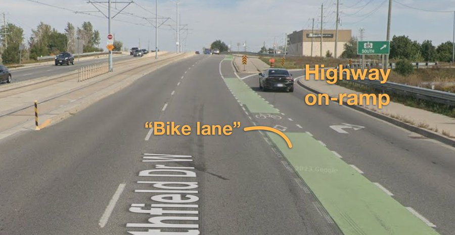 This kind of “bike lane” is the result of a bureaucratic design process that’s completely disconnected from human experiences in physical reality.

No one who owns a bike would ever approve this design.