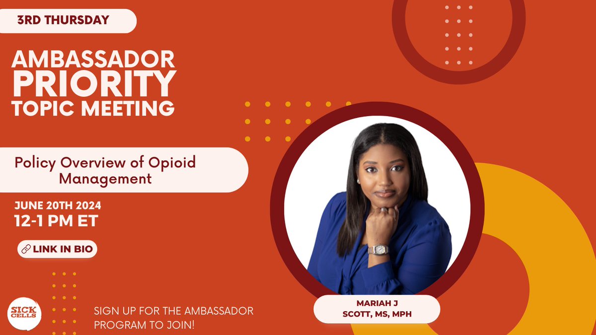 SickCells's tweet photo. Join this month's PTM led by Mariah Scott, MS, MPH! She'll review the current opioid policies for SCD under state Medicaid plans. Join the Ambassador Program today to attend! Follow this link: https://t.co/mCxtaYZCOH
 #SickCells #SCD #SickleCellWarrior https://t.co/adouLoiTE4