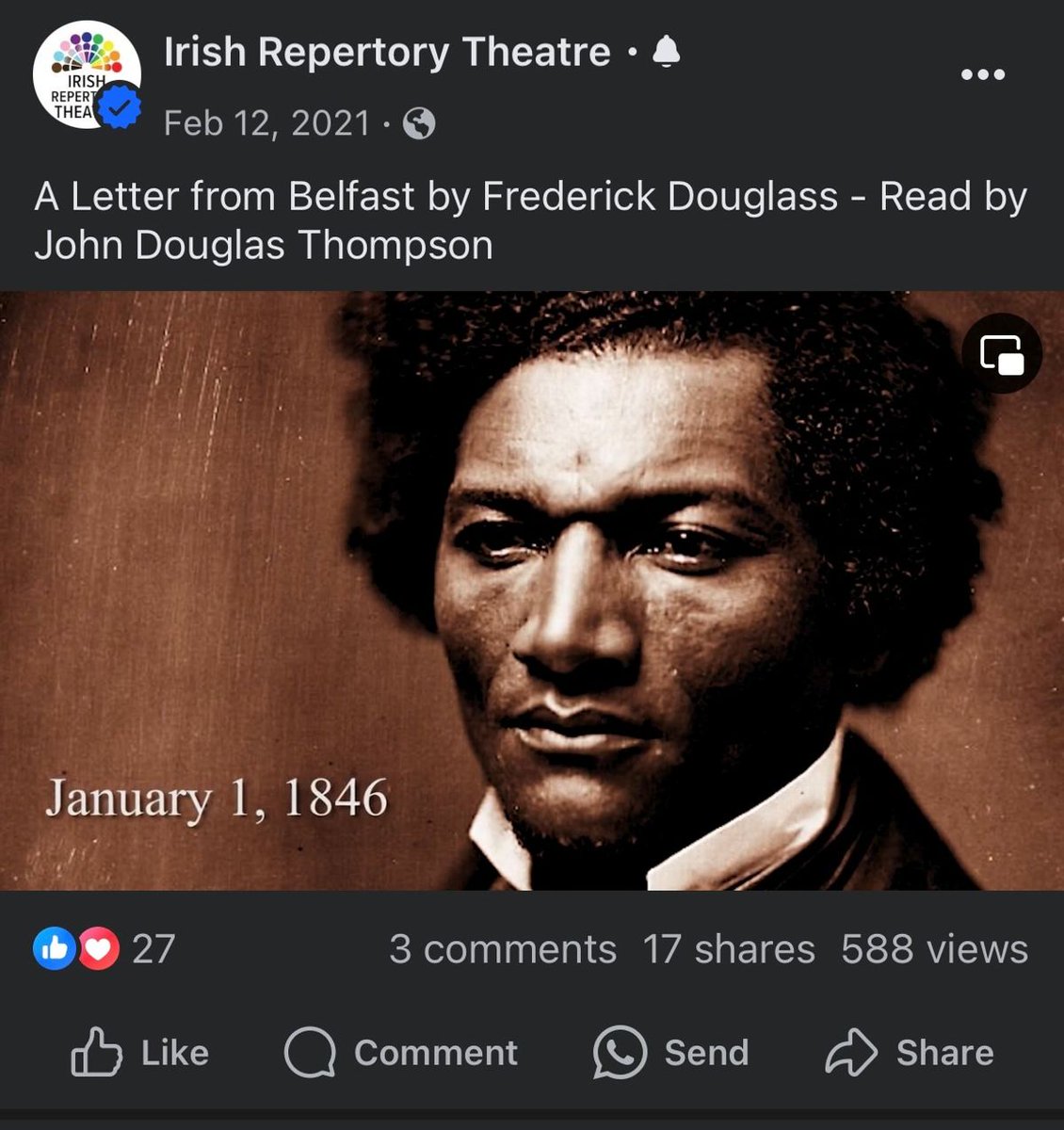 As we celebrate Juneteenth we share a memorable performance aired by our friends at Irish Repertory Theatre in 2021 of John Douglas Thompson reading "A letter from Belfast" as Frederick Douglass raymondjamesconnect.com/tu07GP