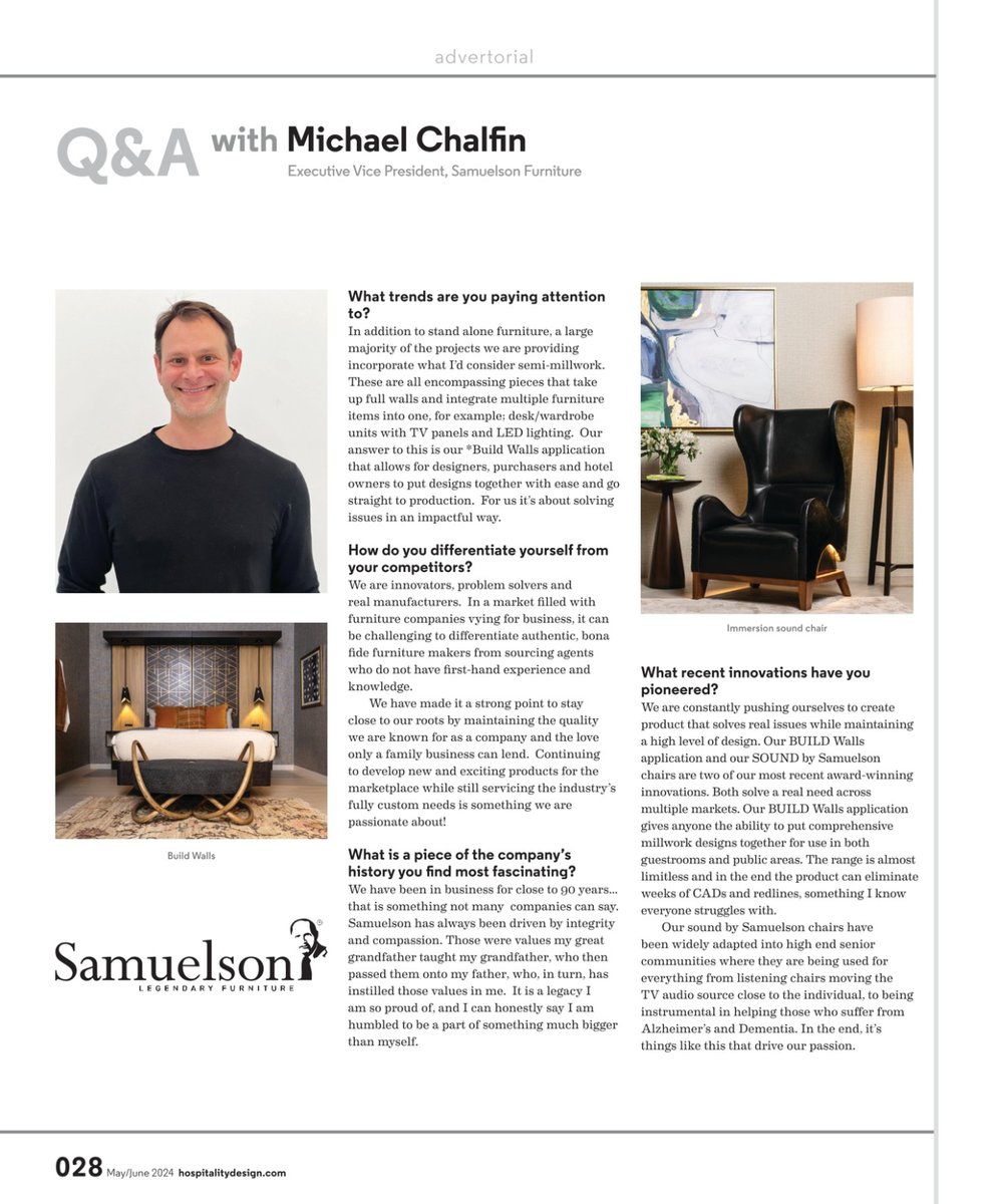 SamuelsonFurn's tweet image. Check out this special Q+A with the one and only Michael Chalfin!  Dive into his world of innovative furniture design, experiences, and valuable insights. #hospitalitydesign #furnituredesign #buildwalls #patenteddesign #customfurniture bit.ly/4ckXWuW