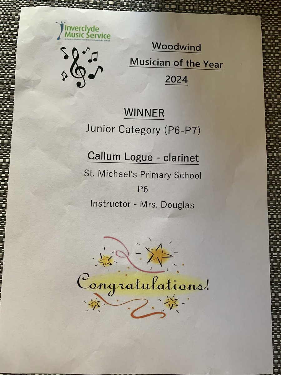 So proud of Callum’s achievements in his music. Done so well to win Inverclyde woodwind musician of the year in the primary school category. Thank you to Mrs Douglas for all her help🎵<a href="/SMPG1964/">St Michael's Primary</a> <a href="/VictoriaDoMusic/">Victoria Douglas : Music</a>