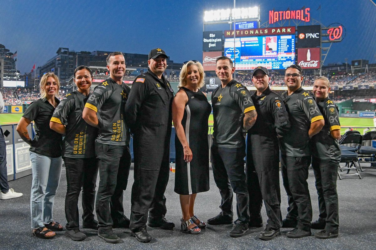 SecArmy's tweet photo. Washington @Nationals, thank you for helping us celebrate the @USArmy’s 249th Birthday! Many in attendance knew about Soldier careers in the Infantry, Aviation, and Logistics, but they were surprised by the endless opportunities to #BeAllYouCanBe as a member of the @USArmyDrillTeam, @theusarmyband, and @armygk in the @USArmy! One of our Soldiers is even a @Nationals mascot during his off time!