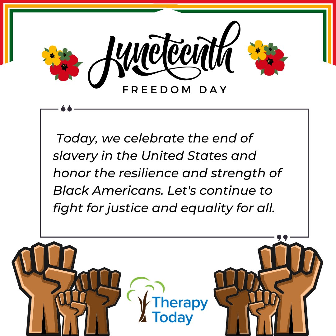 TherapyTodayCC's tweet photo. Today on #Juneteenth, we are reflecting on the importance of social justice in mental health care.

At Therapy Today, we honor clients' social identity requests for therapy, and provide training about overcoming implicit bias to our staff &amp; the community. https://t.co/gZVbyKV2Oq