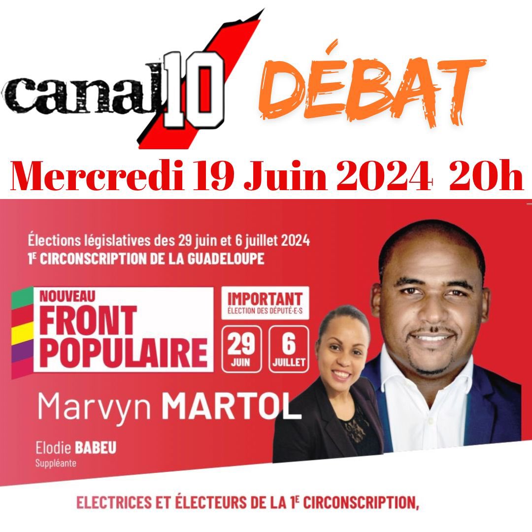 🎙️ Notre camarade <a href="/MarvynMartol/">MARTOL Marvyn</a>, candidat #NouveauFrontPopulaire dans la 1e circonscription de la #Guadeloupe, participe ce mercredi 19 juin à 20h au débat organisé par <a href="/Canal10_GP/">CANAL 10 #téléannou</a>. 
Soyez à l’écoute d’une nouvelle génération de responsables politiques. 😉
