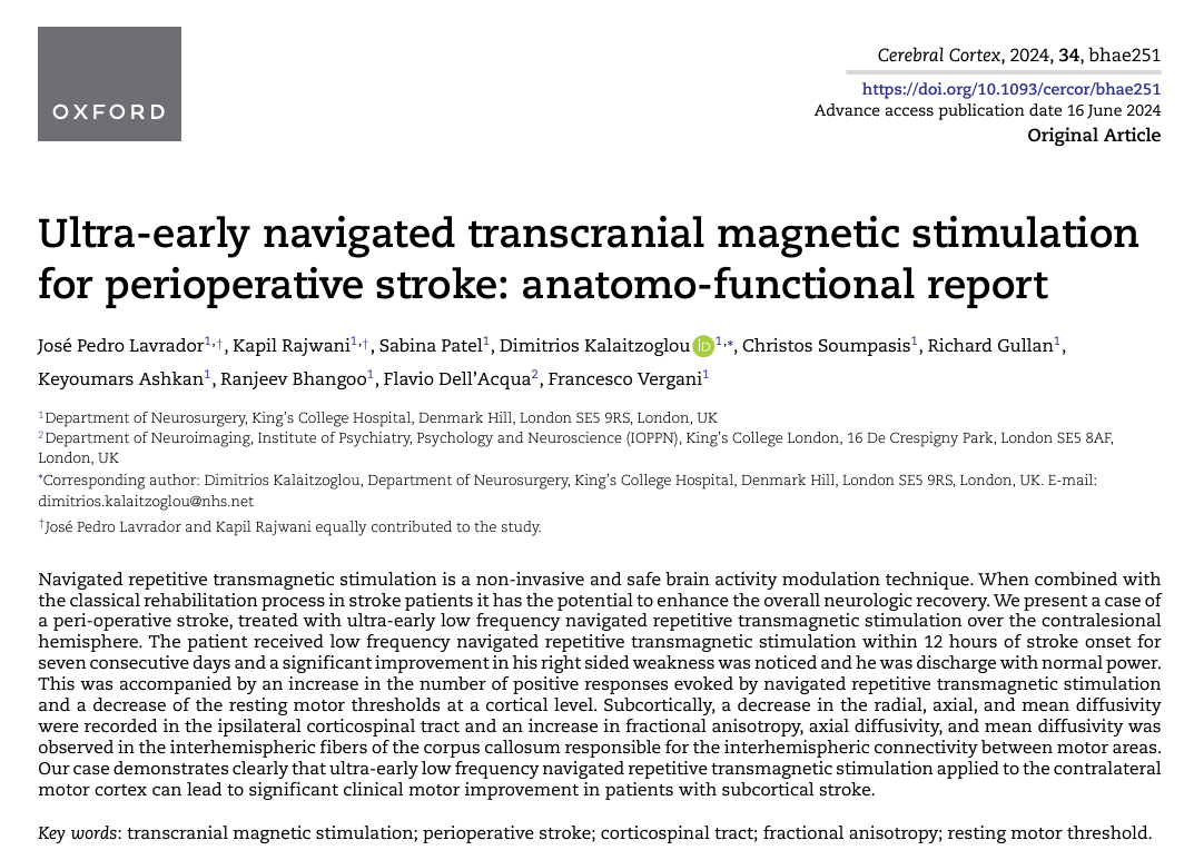 KingsNeuro's tweet photo. Publication Alert!
We have now published on "Ultra-early navigated transcranial magnetic stimulation for perioperative stroke: anatomo-functional report" in Cerebral Cortex @OxfordJournals.
Read more: https://t.co/737S0m7aiV
@Sabzp87 @lavrador_jose @dim_kalaitzo @flaviodellacqua https://t.co/lgcr62q4ul
