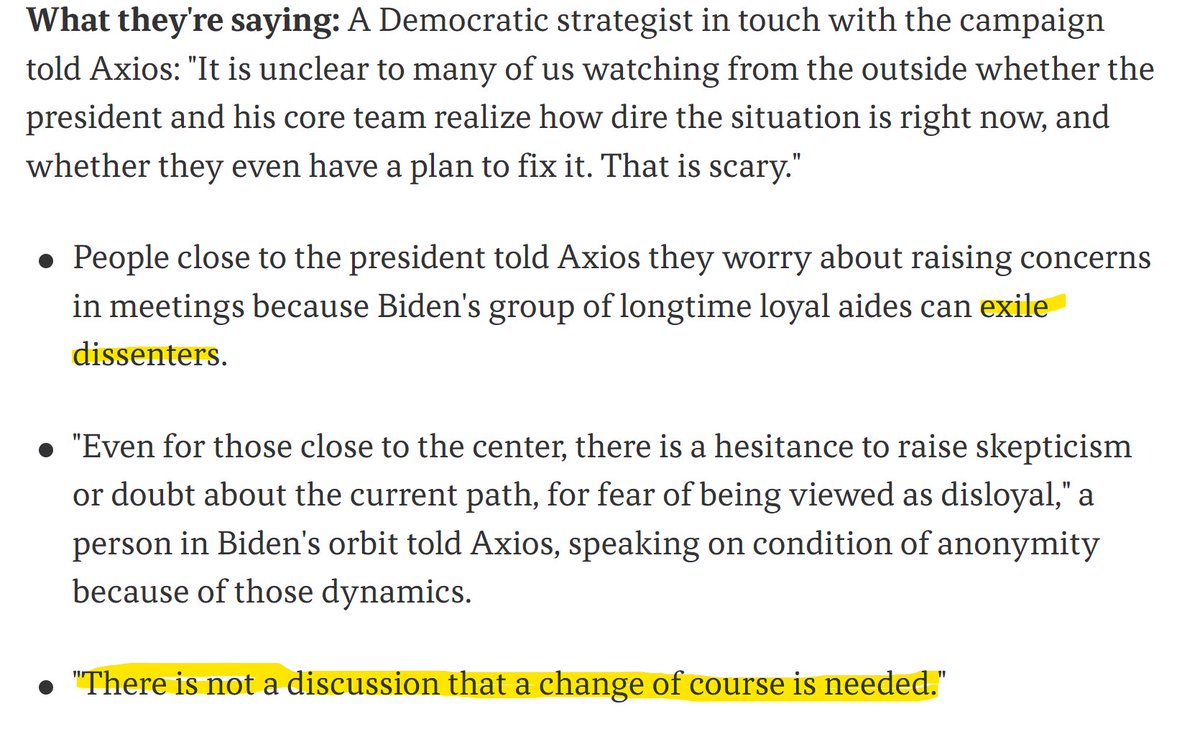 Massive group-think, denial of basic facts and stubborn refusal to even hear constructive criticism from allies.

Biden might be the worst campaigner of my lifetime.

What a total loser.