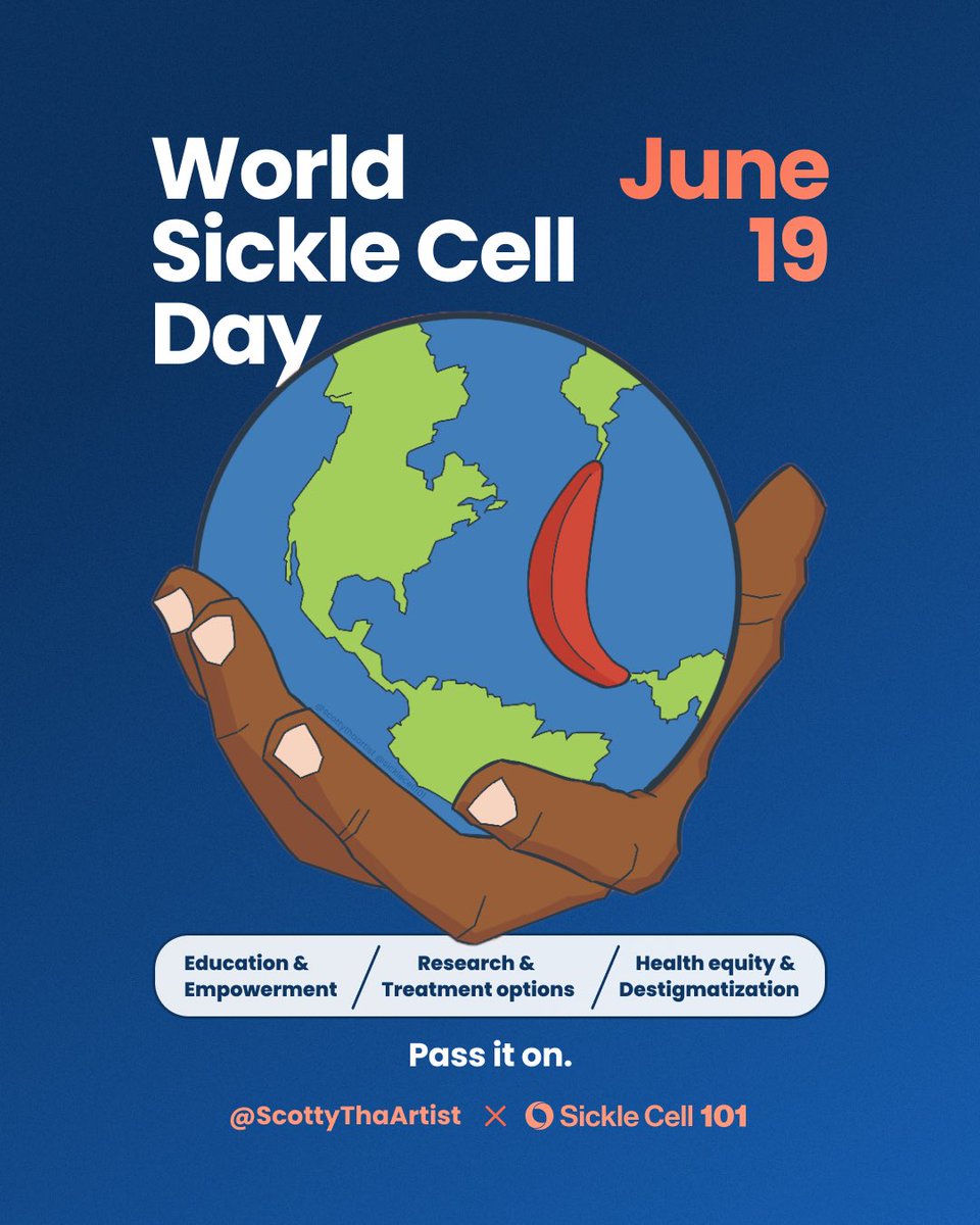 Celebrating #WorldSickleCellDay. Please share with family and friends! We’re asking for $5 donations to support our mission to providing community-led education, research and advocacy! Donate now at sc101.org/donate