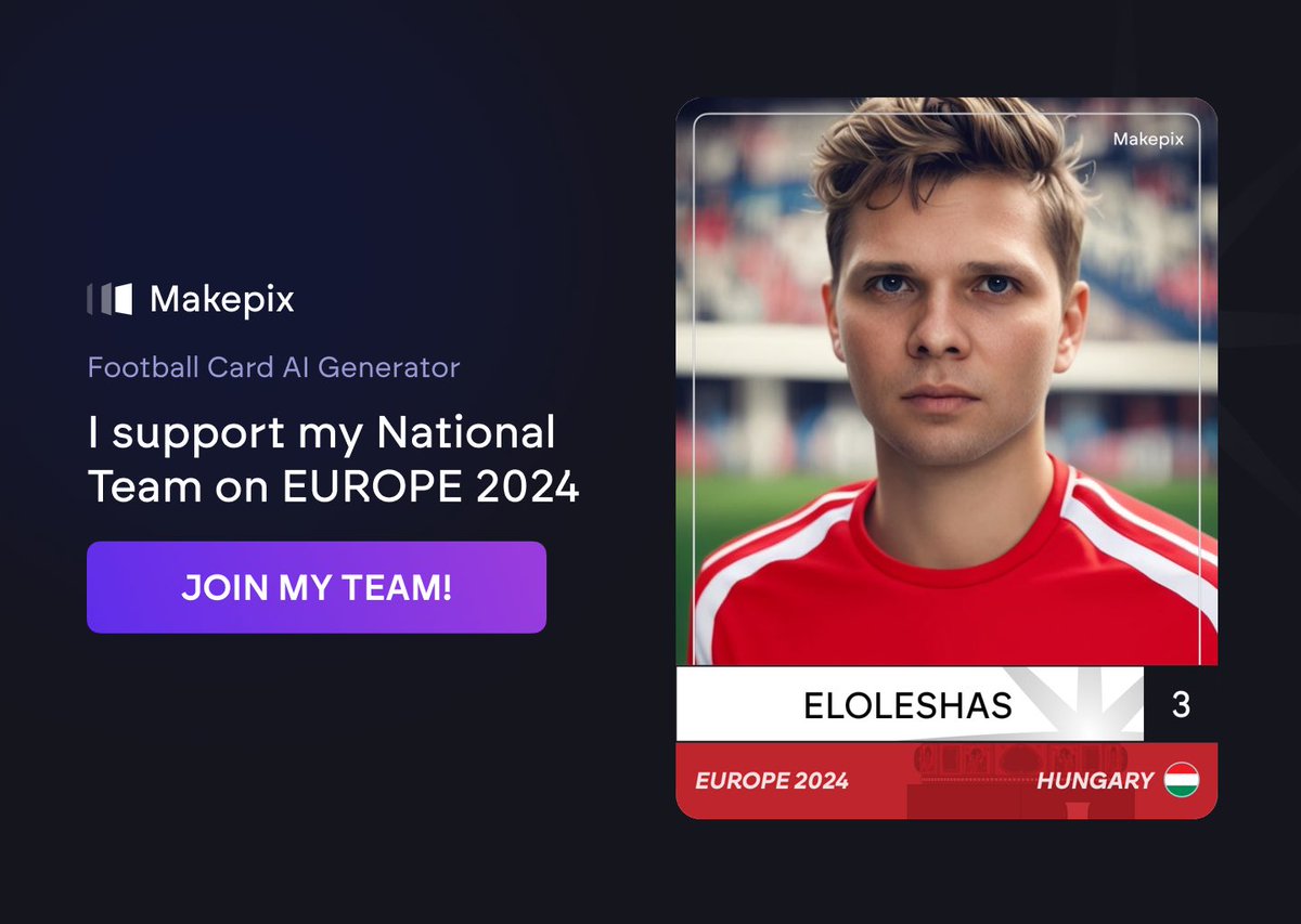 eloleshas's tweet photo. @MLSZhivatalos Supporting Hungary in today's #GERHUN match! Go #Magyarok! 🔥⚽️ 
Check out my custom football card made with @makepixai and create yours too! Let's show our support for @MLSZhivatalos!

#Euro2024 #csakegyutt #Makepix https://t.co/TmYkZudmCQ