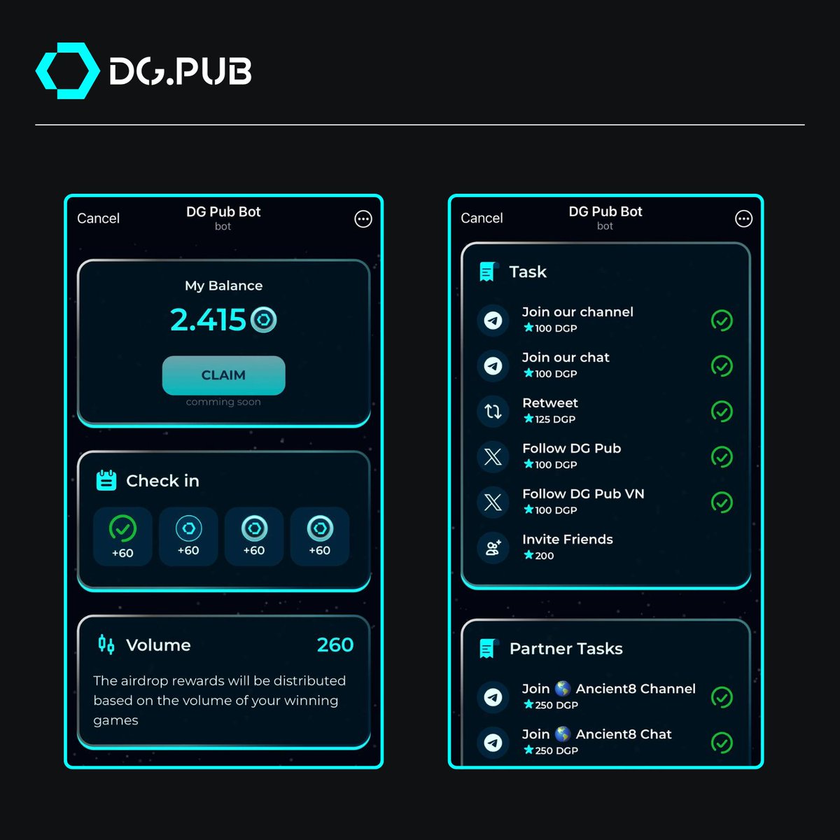 DGPUB_VN's tweet photo. 💥 Kèo Mới cực GIẢI TRÍ , earn TOKEN thật! 🎁

Đây là sản phẩm do DGPub tạo ra, giúp ae CÀY GAME, bào AIRDROP dễ dàng hơn bao giờ hết!

✨Go to BOT 👉  @dgpub_bot 

➖ Click "/start" and Launch APP

➖ Complete All Tasks & Earn DGP

➖ Hoàn thành nhiệm vụ
✅ Gia nhập kênh Channel và chat Telegram.
✅ Follow Twitter và Retweet.
✅ Mời bạn bè để nhận thêm $DGP.
✅ Check-in hàng ngày

DGP có thể dùng để "betting", "TIP" cho nhau ngay trong cộng đồng. AE có thể chơi giải trí cực cuốn sau giờ làm việc, hay đơn giản là gắn kết với nhau hơn! 

Ngoài ra, ae đừng quên số $TON còn dư từ event của Shinn. Mình sẽ có thể lấy số liệu active để airdrop cho ae, nên con bot này rất hữu hiệu đấy 🤩

#DGPub #DGPubRetroactive
Telegram: https://t.co/kXZa90lTWp
Facebook: https://t.co/iHjaZDUzCp
Youtube: https://t.co/vhvCVgKgxV
Page: https://t.co/cyoEXj6ORJ