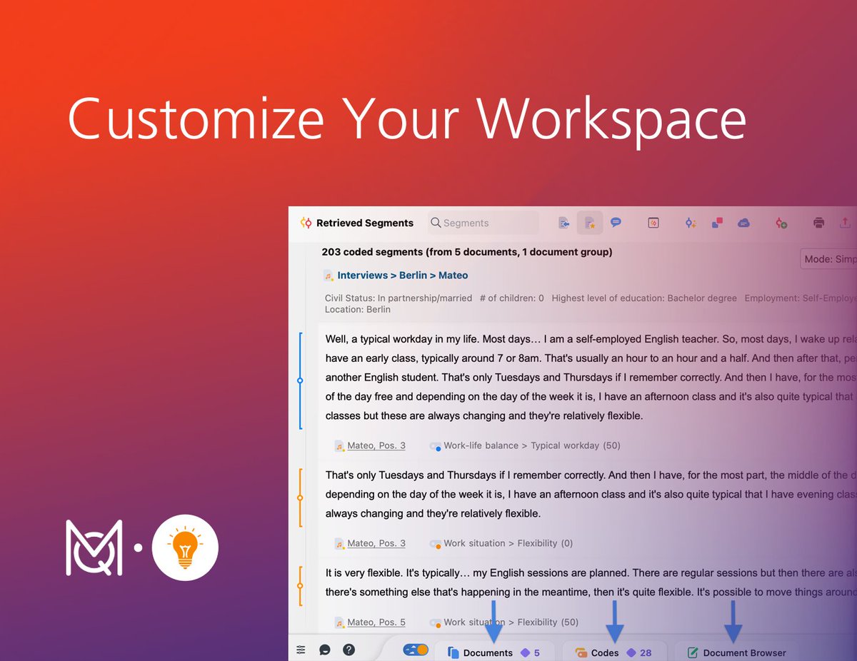 VerbiSoftware's tweet image. Tip of the week
Maximize your workspace by minimizing any of MAXQDA’s four main windows into the status bar. Quickly recall them with a click! The number of active elements is displayed on each tab.  
Learn more: ow.ly/OkNn50RGSVo
#EfficientWorkflow #TailorYourTool #maxqda