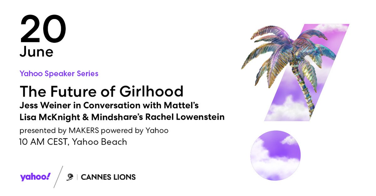 Get ready for an epic day 4 at Yahoo Beach! At 10am we'll start with a panel powered by MAKERS to discuss "The Future of Girlhood" with Jess Weiner in conversation with Lisa McKnight (<a href="/Mattel/">MATTEL</a>) and Rachel Lowenstein (<a href="/mindshare/">Mindshare</a>)

Secure your spot here: yhoo.ly/45udhHs
