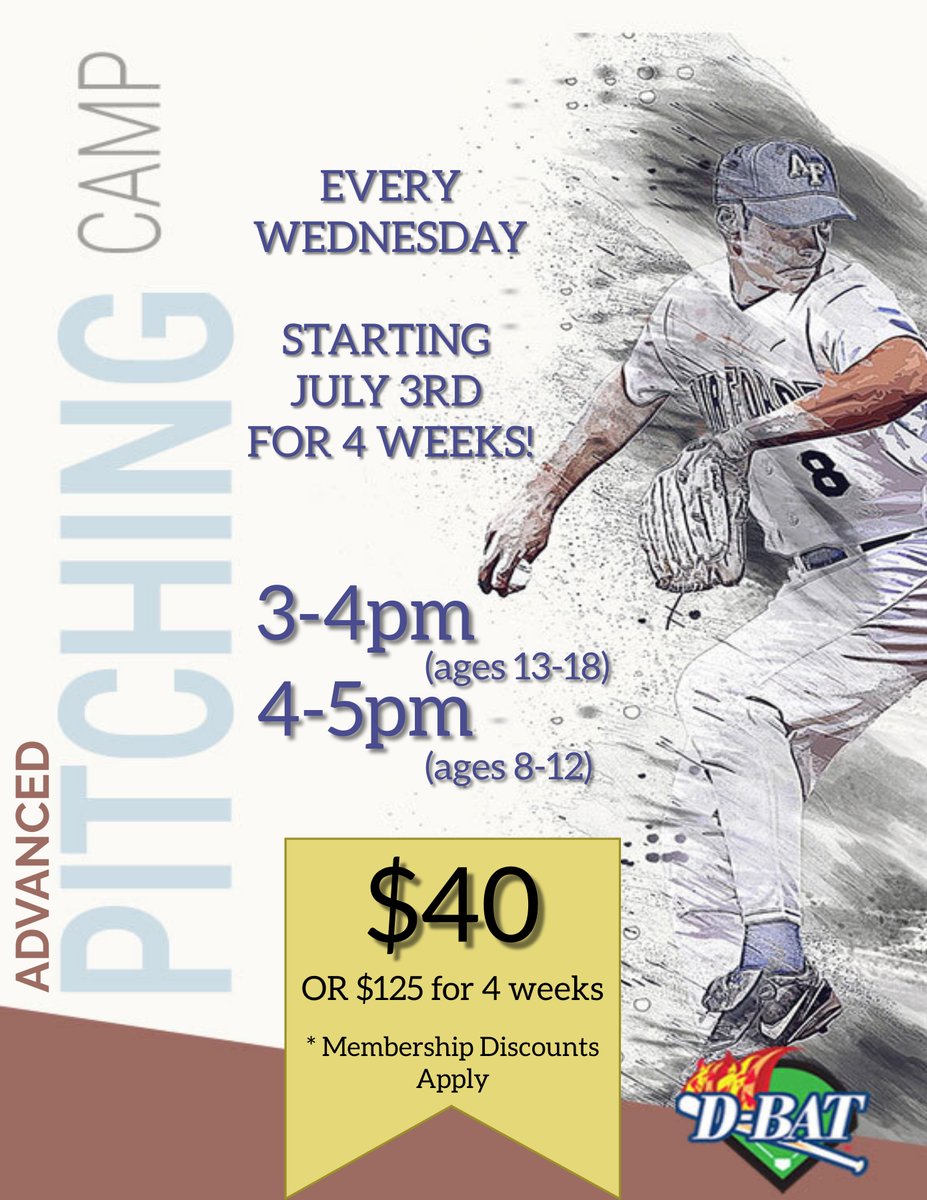 In July we're offering some Specialized Camps focusing on hitting and pitching for both baseball and softball. Each camp will be split into two age groups to offer more age specific drills. Mondays for Hitting, Tuesdays for Softball Pitching, Wednesdays for Baseball Pitching.