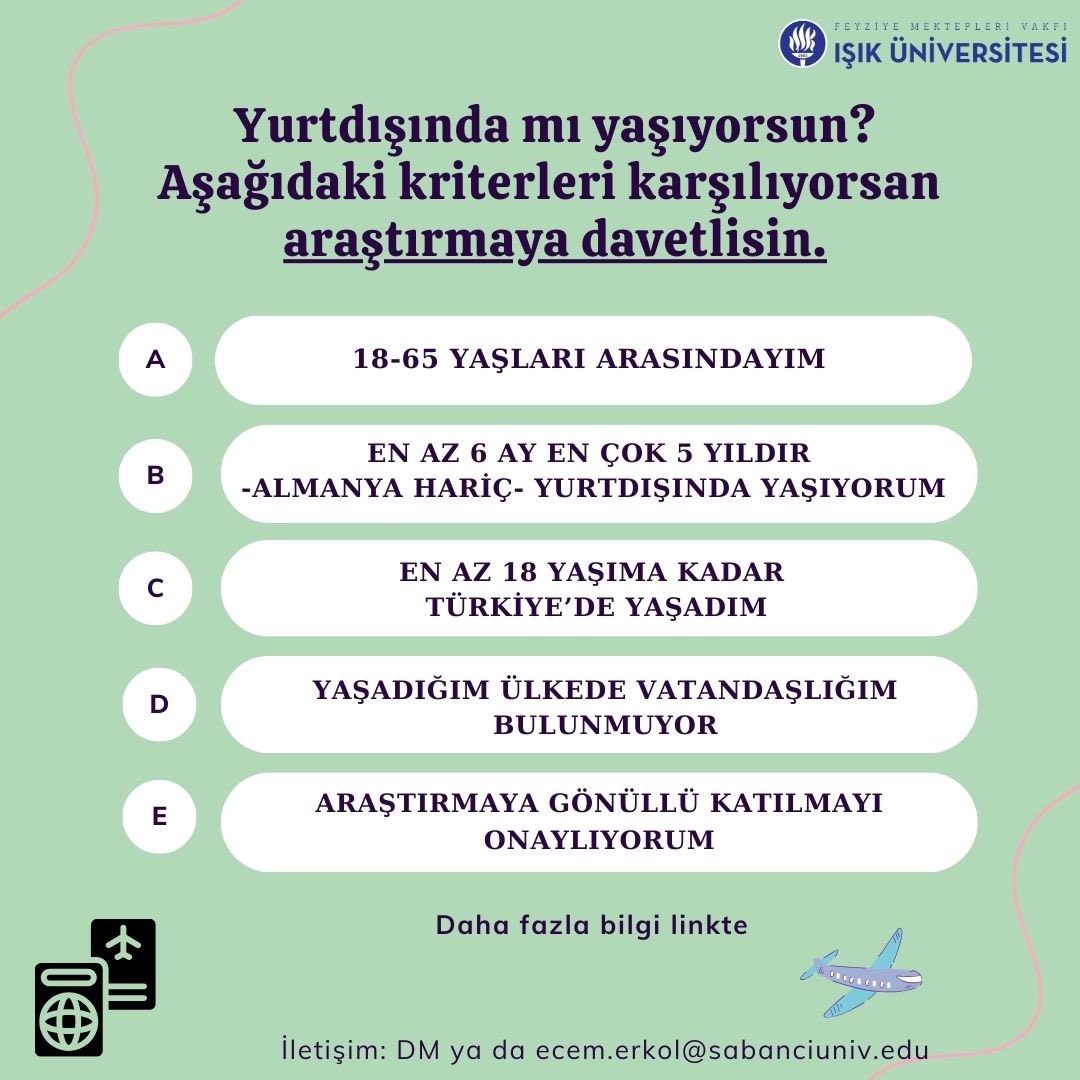 Işık Üniversitesi Klinik Psikoloji Doktora Programı kapsamında yeni dalga göçmenlerin ruh sağlıkları ile ilgili tezimin pilot çalışmasını yürütüyorum. Araştırma davetimi paylaşmak ya da katılmak isterseniz çok memnun olurum.

Anket linki aşağıda+