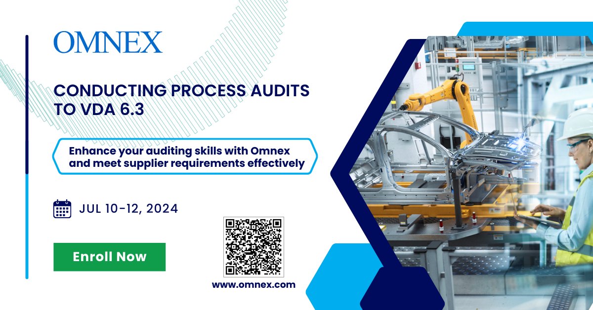 omnexglobal's tweet image. 𝐕𝐃𝐀 𝟔.𝟑 𝐏𝐫𝐨𝐜𝐞𝐬𝐬 𝐀𝐮𝐝𝐢𝐭 𝐌𝐚𝐬𝐭𝐞𝐫𝐲 - 𝐉𝐨𝐢𝐧 𝐎𝐮𝐫 𝐓𝐫𝐚𝐢𝐧𝐢𝐧𝐠

Conducting Process Audits to VDA 6.3
Date: Jul 10-12, 2024
Enroll Now: hubs.li/Q02CqGwm0

#processaudits #VDA63 #trainingcourse #qualitymanagement #auditing #continuousimprovement #VDA