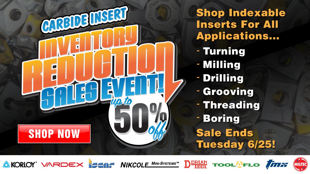 kbctools's tweet photo. 🔥 #CarbideInsert Inventory Reduction Sale – Up to 50% Off! 🔥 Shop inserts for #turning, #milling, #drilling, #grooving, #threading, #boring. Sale ends 6/25/2024. 🛒 https://t.co/JIAmJYQsrR
⁠
#MachineShop #CNC #Metalworking #KBCTools #IndexableInserts https://t.co/Mrk4KJECjZ