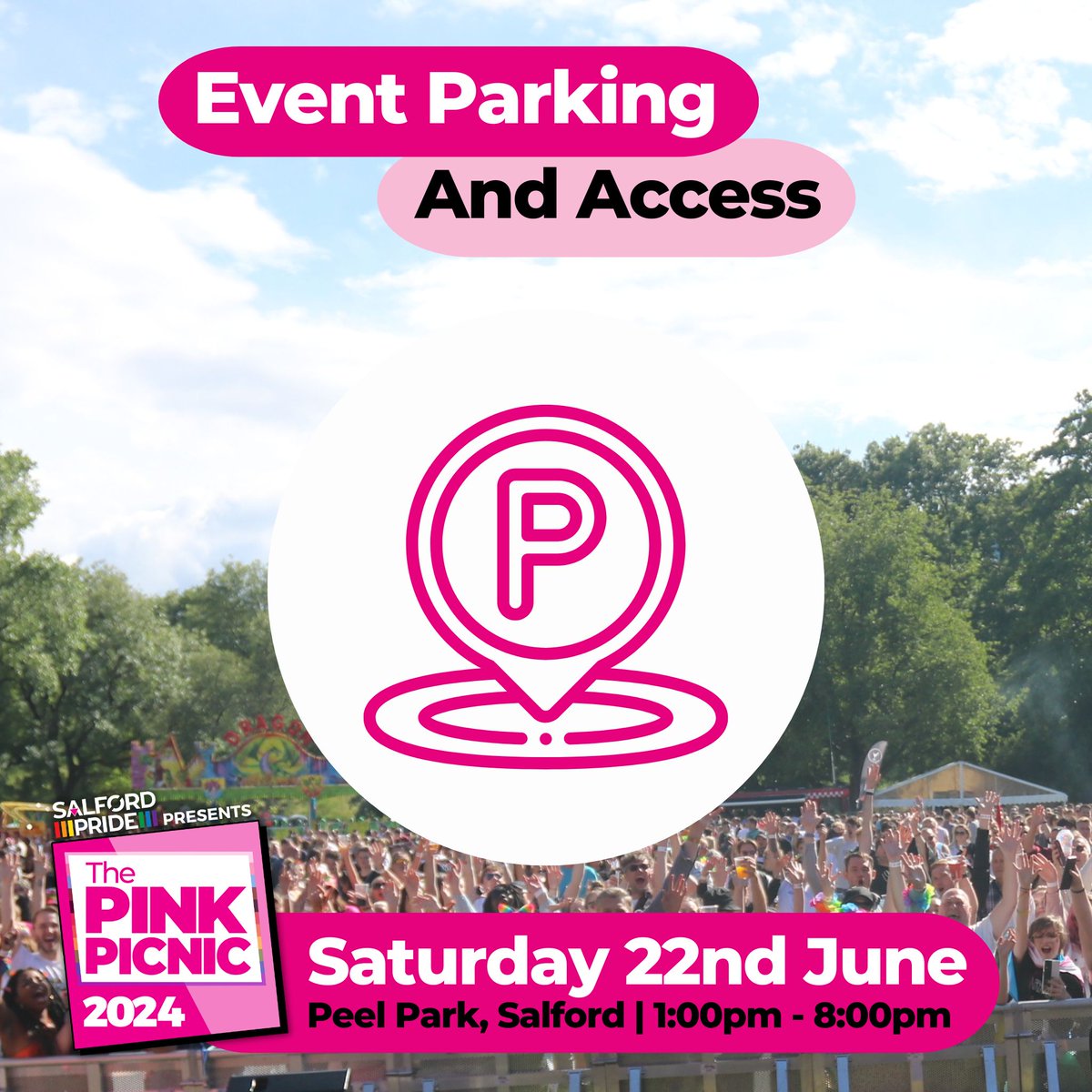 The days are counting down until The Pink Picnic 2024 😱🔥for those that are driving paid parking is available in the Irwell Place car park off the Crescent. Disability parking is available outside Salford Museum or the Delaney car park 🚗 There will be no parking in the park 🌈