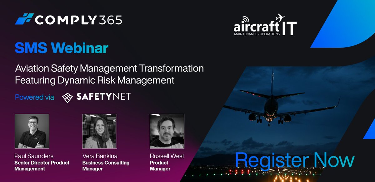 Join our upcoming #webinar with <a href="/AircraftIT/">AircraftIT</a> focused on #safety, which will delve into how technology is reshaping aviation safety management and how SafetyNet by Comply365 can revolutionize your airline’s safety practices. 

Register Now: hubs.li/Q02CtD1z0