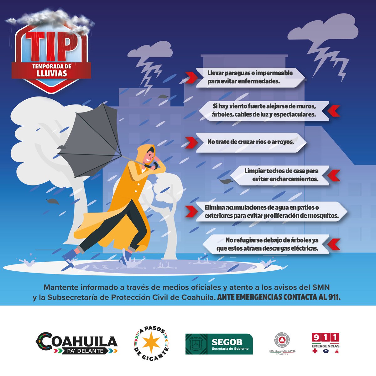 El Gobierno del Estado de Coahuila comparte las siguientes recomendaciones.

Mantente informado a través de medios oficiales y atento a los avisos del SMN y la Subsecretaría de Protección Civil de Coahuila. (1/2)