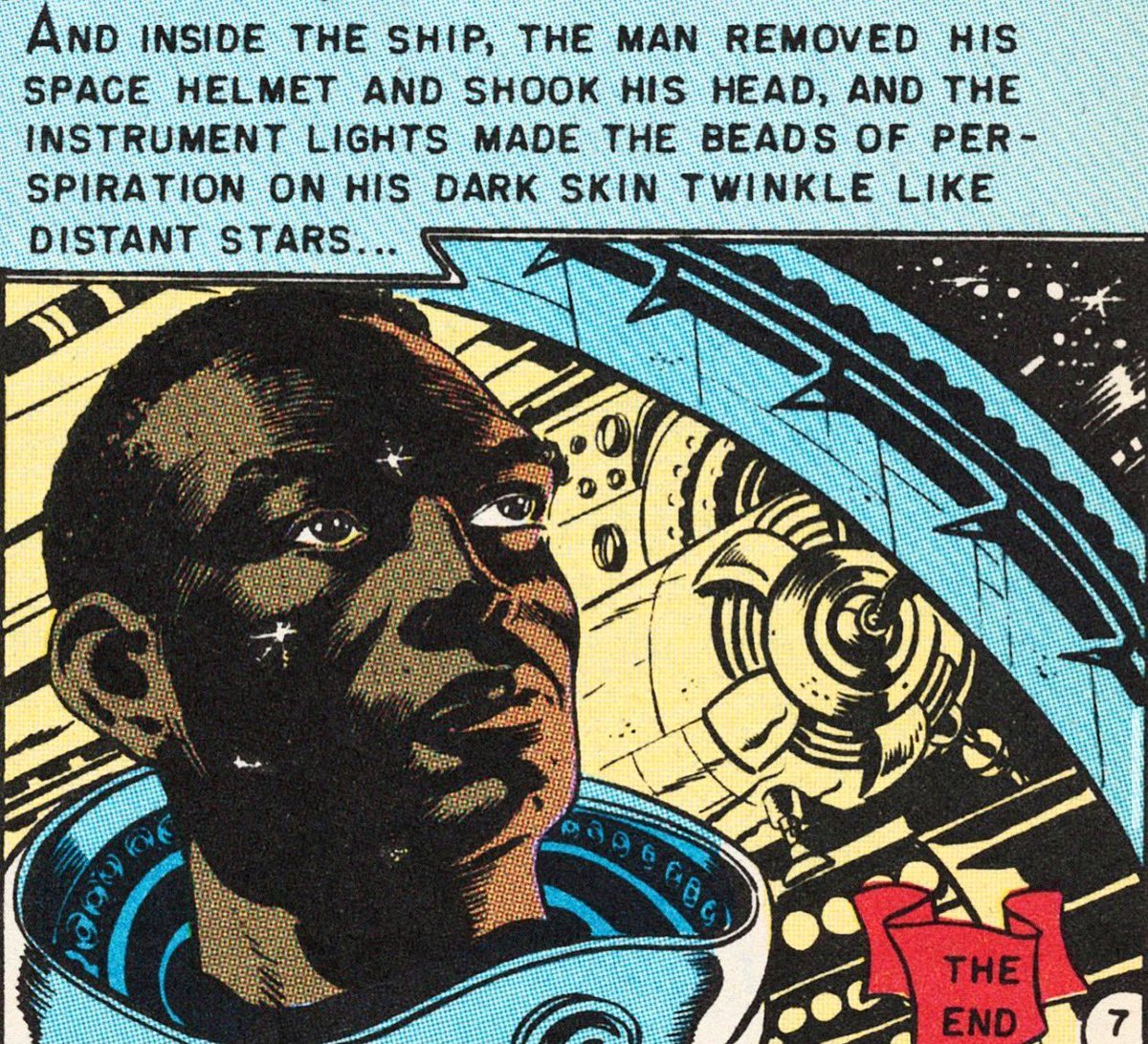 JUDGEMENT DAY, originally published in 1953. Comic Code Administrator Judge Charles Murphy rejected this story because the astronaut was Black. William Gaines, EC’s publisher, ran the story anyway. Art by Joe Orlando. 👩🏿‍🚀✨