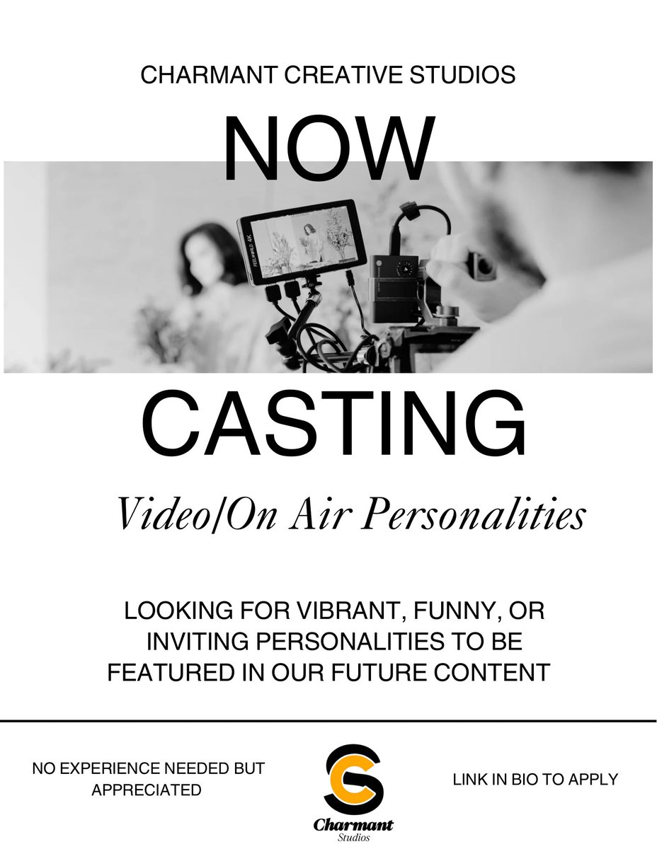 charmantstudios's tweet photo. 🎥🎬Join Charmant Studios as we seek vibrant personalities for our upcoming projects! No experience needed—just enthusiasm for being on camera and a great personality. All genders and backgrounds welcome. Ready to shine on screen? Apply now with the LINK IN BIO 👀👀 https://t.co/c8dtX6bvkL