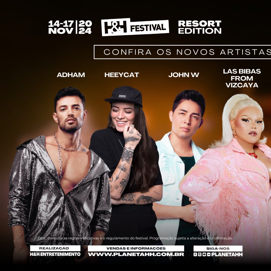 PlanetaHH's tweet photo. Era novidade que vocês queriam? Então bora com os artistas inéditos conduzirão as pistas do H&amp;H FESTIVAL 2024 - Resort Edition! 🪩

#HHFestival #HH2024 #PlanetaHH #ResortHH #GranFinaleHH #ProgramaHH https://t.co/JHnzVOkDb7
