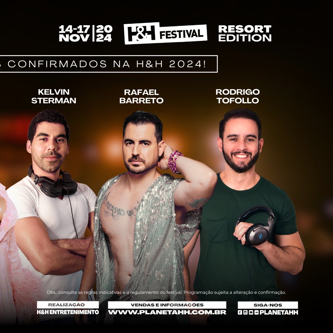 PlanetaHH's tweet photo. Era novidade que vocês queriam? Então bora com os artistas inéditos conduzirão as pistas do H&amp;H FESTIVAL 2024 - Resort Edition! 🪩

#HHFestival #HH2024 #PlanetaHH #ResortHH #GranFinaleHH #ProgramaHH https://t.co/JHnzVOkDb7