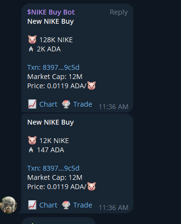 Shoutout to <a href="/Quantumplation/">Quantumplation | Pi Lanningham</a> and <a href="/SundaeSwap/">Sundae Labs 🍨</a> team for creating this Sales bot for the TG

t.me/nikecardano

$Nike
