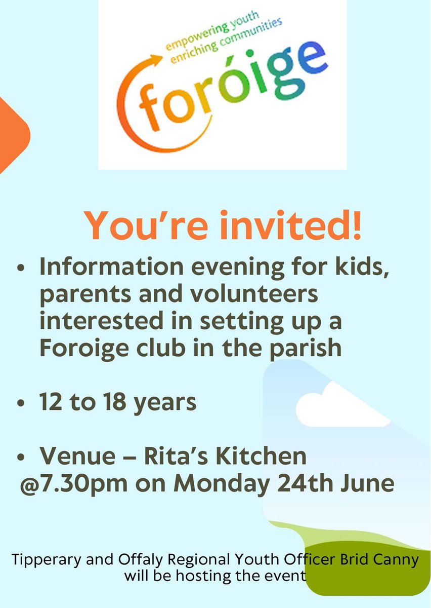 Foróige information evening on Monday the 24th of June @ 7:30pm in Rita's cafe. 
Your invited!! 
#community
#getinvolved