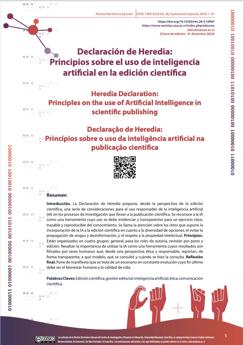 Redalyc's tweet photo. "Declaración de Heredia" - La IA es una herramienta que debe ser utilizada con transparencia, garantizando procesos de investigación claros, trazables y reproducibles
👉https://t.co/l4X2miUySc
#DeclaracionHerediaIA #IAyCienciaAbierta https://t.co/09Y98RDqWx