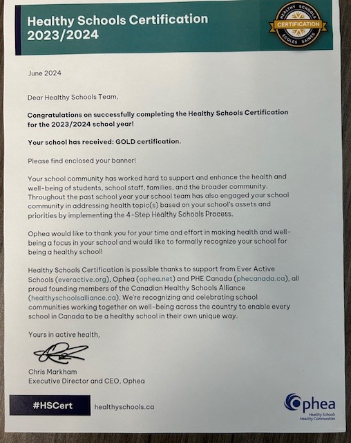 OPHEA Gold!  Congrats to our Healthy Schools Team on their leadership in achieving this accomplishment again this year.  We value Raven Wellness  at Maple Ridge!