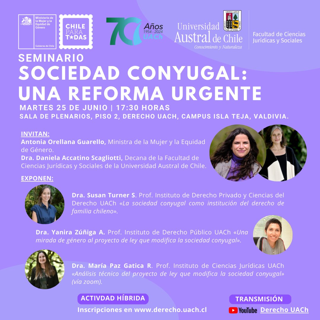 Derecho U. Austral de Chile (@derechouach) on Twitter photo #AGENDA | Las y los invitamos al seminario «Sociedad Conyugal: Una Reforma Urgente», organizado por <a href="/derechouach/">Derecho U. Austral de Chile</a> y <a href="/MMEG_LosRios/">Seremi Mujer y Equidad de Género Los Ríos</a>
📆25 de junio de 2024
🕕17:30 horas
📍Sala de Plenarios, piso 2, Derecho UACh Campus Teja, Valdivia
🌐 Inscripciones: bit.ly/SeminarioSocie… #AGENDA | Las y los invitamos al seminario «Sociedad Conyugal: Una Reforma Urgente», organizado por <a href="/derechouach/">Derecho U. Austral de Chile</a> y <a href="/MMEG_LosRios/">Seremi Mujer y Equidad de Género Los Ríos</a>
📆25 de junio de 2024
🕕17:30 horas
📍Sala de Plenarios, piso 2, Derecho UACh Campus Teja, Valdivia
🌐 Inscripciones: bit.ly/SeminarioSocie…